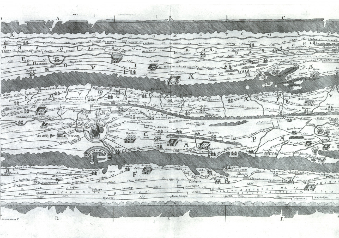 <em>Tabula Itineraria Peutingeriana</em>. Il Lazio orientale. Segmento VI (V del disegno originale). Ed. Corrado Mannet.