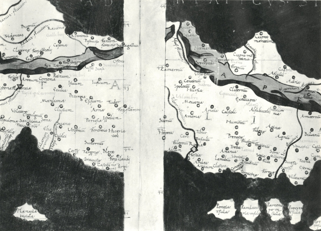 Il Lazio nelle Carte Tolemaiche Latine d'Italia. <em>Descriptio Sextae Tabulae Europae</em>. Segmento dell'Italia centrale